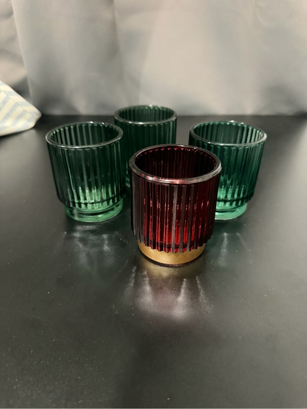 Ribbed Glass Votive Holders in Green and Red with Gold Accent